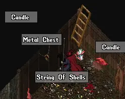 Hidden ladder behind red banner to smuggler hole